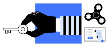 El sıkıştırıcı klasik anahtar, modern hareketli fırıldak ve mavi ve siyah renkli dijital ödeme formu. Finans, güvenlik, teknoloji entegrasyonu, dijital erişim, çevrimiçi işlemler için ideal