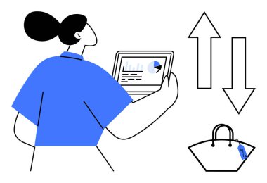 İş kadını elinde tabletlerle veri analizini vurgulayan bir tablet tutuyor. Etrafını saran unsurlar arasında alışveriş torbası ve yukarı ve aşağı bakan oklar var. Pazar araştırması ve iş stratejisi için ideal