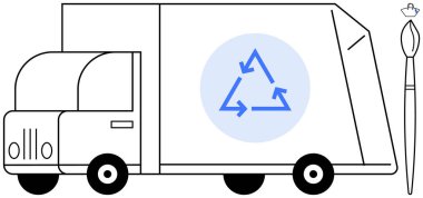 Garbage truck displaying a recycling symbol emphasizing sustainability and environmental awareness. Ideal for waste management, eco-friendly transportation, recycling, environmental protection clipart