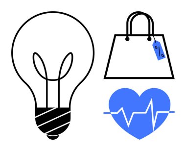 Ampul, etiketli alışveriş çantası ve EKG 'li mavi kalp. Yenilik, ticaret, sağlık, fikirler, yaşam tarzı pazarlaması için ideal. Basit soyut çizgi düz metaforu