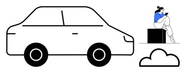 Bir kadın, kara kutuya yaslanıp kitap okurken bir araba ve bir bulutun yanında. Ulaşım, seyahat, rahatlama, çalışma, boş zaman, ilham ve boş zaman için ideal. Satır metaforu