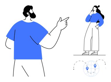 Erkek işaret ederken kadın kafa yoruyor, elleri çenesinde, harita iğneleriyle örtülü duruyor. Yön temaları, iletişim, rehberlik, karar verme, navigasyon, bağlantı yönelimi için ideal