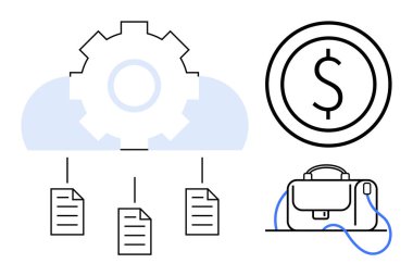Belgeli, paralı ve çantalı vites ve bulutlar iş otomasyonu, finans ve yönetimi simgeliyor. İş, finans, teknoloji, bulut hesaplama, otomasyon, veri yönetimi için ideal