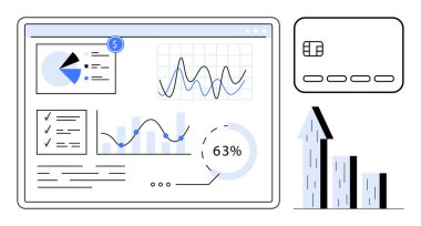 Finansal gösterge panelinde bir kredi kartı ve yukarı doğru ok ile birlikte pasta grafikleri, çizgi grafikleri gösteriliyor. Finans, bankacılık, muhasebe, veri analizi, iş büyümesi, yatırım için ideal