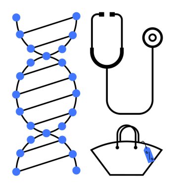 DNA sarmalı, steteskop ve indirim etiketli alışveriş çantası. Genetik, sağlık, alışveriş, indirim, biyoteknoloji sağlık bakımı ve tüketici davranışı için idealdir. Soyut çizgi düz metafor