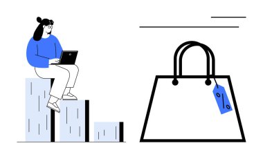 Bar tablolarında oturan bir kadın dizüstü bilgisayar kullanıyor, yanında büyük bir alışveriş çantası ve yanında da etiket var. Çevrimiçi alışveriş, e-ticaret, dijital pazarlama, satış performansı, tüketici davranışı, perakende satış için ideal