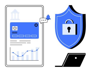 Kartla mobil bankacılık arayüzü, kalkan kilidinin yanındaki çizelgeler, dizüstü bilgisayarlar. Finans, güvenlik, banka güvenliği, teknoloji, veri koruma çevrimiçi siber güvenlik kavramları için idealdir. Mavi