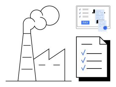 Duman yayan fabrika, işaretli eşyalarla kontrol listesi, ekranda dijital ödeme makbuzu. Endüstri, üretim, verimlilik, yönetim, dijital işlemler için ideal iş akışını finanse etmek. Soyut çizgi
