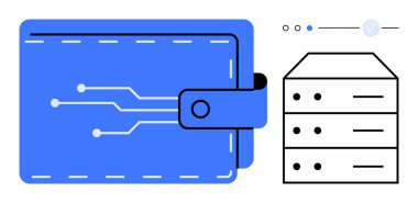 Devre desenli dijital cüzdan ve veri sunucusu illüstrasyonunun hemen yanında kapanış. Teknoloji, siber güvenlik, finans, dijital işlemler, çevrimiçi bankacılık, veri depolama, fintech için ideal