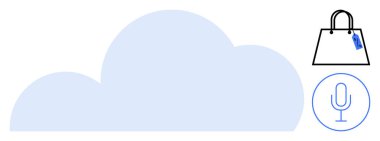 Alışveriş çantası ve mikrofon ikonu olan bulut sembolü, e-ticaret ve ses asistanı teknolojisini temsil ediyor. Dijital ticaret, bulut depolama, ses teknolojisi, yapay zeka uygulamaları, perakende satış için ideal