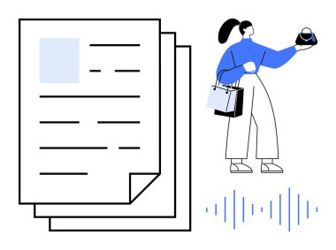 Elinde alışveriş torbaları ve belgeleri incelerken sepeti olan bir kadın. E-ticaret, mali yönetim, çevrimiçi alışveriş, perakende satış analizi, müşteri davranışı araştırması, finansal planlama için ideal