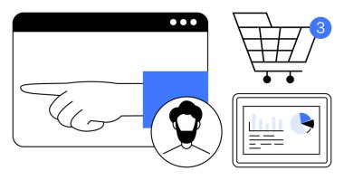 İmleç gösterme, kullanıcı profili simgesi, tebligatlı alışveriş arabası, veri analiz paneli. E-ticaret, çevrimiçi alışveriş, veri analizi, kullanıcı bağlantısı, dijital pazarlama uygulaması için ideal