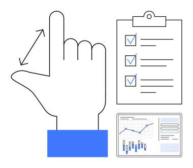 Oklarla el hareketi, panoda kontrol listesi ve grafikli veri tablosu. Proje planlaması, görev yönetimi, yönetim, iş analizi, performans değerlendirmesi ve ilerleme için ideal
