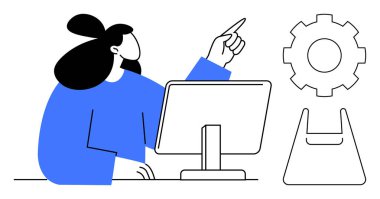 Ayarlar simgesi ve alışveriş sepetiyle bilgisayar ekranını gösteren bir kadın. Üretkenlik araçları, işyeri yönetimi, teknoloji entegrasyonu, e-ticaret çözümleri, planlama, iş stratejisi için ideal