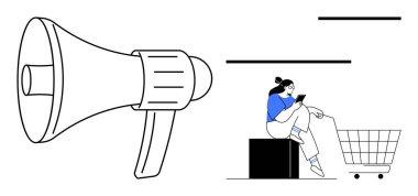 Alışveriş arabası yanında oturur, dijital bir cihazla meşgul olur. Megafon pazarlama önemini vurguluyor. Çevrimiçi alışveriş, dijital pazarlama, reklam, tüketici davranışı, sosyal medya için ideal