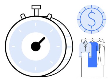Dolar sembolü ve elbise askısı olan bir sttopwatch. İş, moda, zaman yönetimi, perakende, verimlilik ve finans kavramları için idealdir. Çizgi benzetmesi. Basit satır simgeleri