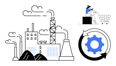 Tütsülü fabrika, akıllı telefon kutusu ve arabası olan kadın, teçhizatlı dairesel ok. Temalar için ideal sektör, üretim, tüketim, teknoloji, modern ekonomi, sürdürülebilirlik