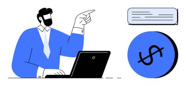 Mavi takım elbiseli bir iş adamı dizüstü bilgisayarda çalışıyor, yukarı doğru işaret ediyor, dolar işareti ve belgenin yanında. İş, finans, ekonomi, girişimcilik, yatırım, strateji ve danışmanlık konuları için ideal