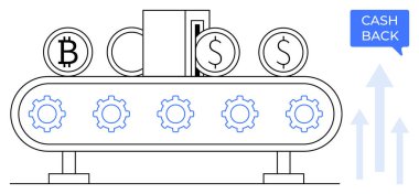 Taşıyıcı bant, para birimi sembolleri taşır. Bitcoin ve dolar paralarını nakit para levhası ve yukarı doğru oklarla eski viteslerden geçirir. Fintech, otomasyon, kripto işlemleri, finansal ödüller için ideal
