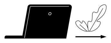 Yüzen bir yaprak ve ileri doğru ok eşliğinde basit bir dizüstü bilgisayar taslağı. Teknoloji evrimi için ideal, dijital dönüşüm, çevre dostu teknoloji, büyüme, dinamik değişim, basitlik