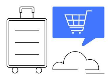 İçinde alışveriş arabası sembolü olan bir bulutun altında konuşma balonunun yanında seyahat çantası. Seyahat, e-ticaret, tatiller, online alışveriş, lojistik, iletişim, dijital teknoloji konuları için idealdir. Çizgi