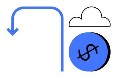 Arrow U dönüşü, bulut çizgisi, mavi dolar işareti. Finansal planlama, bulut hesaplama, yatırım izleme, dijital işlemler, tasarruf ekonomisi veri depolama kavramları için ideal. Temiz.