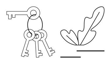 Siyah çizgili sanat eserleri soyut yaprakların yanında bir anahtarlıkta asılı duran bir anahtar setini gösteriyor. Güvenlik, sadelik, minimalizm, doğa, denge, güvenlik ve ev teması için ideal. Mükemmel soyut çizgi düz