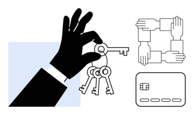 El ele tutuşmalar, kredi kartları, takım çalışmasını temsil eden dört el. Güvenlik, takım çalışması, finans, güven, ortaklık işbirliği koruma temaları için ideal. Satır metaforu