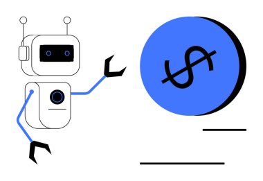Mavi kollu bir robot bir dolar işaretiyle mavi bir daireye doğru uzanıyor. Finans teknolojisi, otomasyon, yapay zeka, robot bilimi, dijital para birimi, ekonomik büyüme, yatırım için ideal. Soyut satır düzlüğü