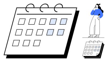 Şebekeli büyük bir takvim ve birkaç gün işaretli, eli çenesinde düşünceli bir kadının yanında. Zaman yönetimi, programlama, planlama, teslim tarihleri, karar verme süreci için ideal