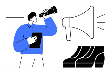 Elinde tablet bulunan işadamı, anonslar için teleskop, megafon ve ilerleme gösteren finansal adımlar kullanıyor. İş stratejisi, pazarlama, mali büyüme, iletişim ve vizyon için ideal