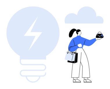 Elinde torbalar ve kahve fincanı olan bir kadın büyük bir ampul ve bir bulutun yanında duruyordu. Temalar için ideal yenilik, teknoloji, e-ticaret, enerji, bulut depolama, yaratıcılık dijital yaşam tarzı. Soyut