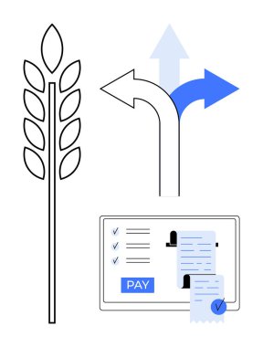 Wheat stalk, traffic arrows diverging in different directions, digital payment screen with receipt and confirmation icon. Ideal for agriculture, decision making, finance, e-commerce, technology clipart