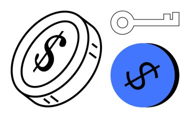 Dolar işareti, anahtar ve dolar işareti olan mavi çember. Finans, yatırım, güvenlik, tasarruf, zenginliğe erişim parası için idealdir. Soyut çizgi düz metafor için siyah mavi renkler