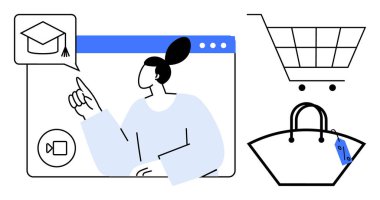 Mezuniyet başlığı simgesini işaret eden video konferans arayüzü, alışveriş arabası ve fiyat etiketli el çantası ikonu. Çevrimiçi öğrenme, e-ticaret, dijital etkileşim için ideal