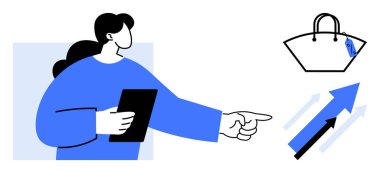 Tablet tutan iş kadını, büyümeyi gösteren yukarı doğru okları işaret ederek, fiyat etiketli bir alışveriş çantasının yanında. Ticari büyüme, e-ticaret, satış analizi, pazarlama stratejileri için ideal, çevrimiçi