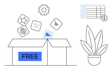 Üzerinde yıldız, kalp, dünya, alışveriş arabası ve oyun düğmesi simgeleri olan açık bir kutu. Yukarıda vites sembolü, üzerinde dolar işareti olan çizelge ve yanında saksı bitkisi. Dijital pazarlama girişimi için ideal