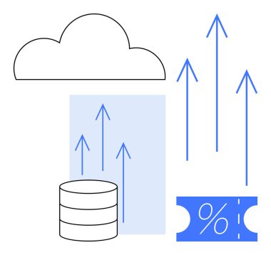 Veritabanının üstünde büyümeyi simgeleyen oklar ve finansal verileri simgeleyen yüzde işareti olan bulut. İş analizleri, bulut hesaplama, finansal büyüme ve veritabanı için ideal