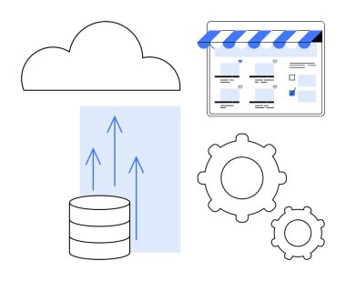 Bulut, veritabanı ve veri transferi için yukarı doğru oklar, çevrimiçi depolama arayüzü ve iki vites. Bulut hesaplama, veri yönetimi, e-ticaret, otomasyon dijital altyapısı çevrimiçi için ideal