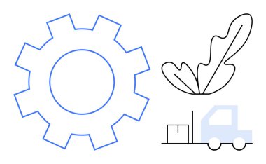 Bir yaprak ve teslimat kamyonunun yanında büyük mavi bir vites. Yenilik için ideal, çevre dostu endüstri, lojistik, imalat, yeşil teknoloji, tedarik zinciri, verimlilik. Soyut çizgi düz metafor