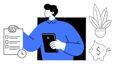 Yanında bir saksı bitkisi ve kumbara bulunan saati olan bir tablet ve kontrol listesi var. Üretkenlik, organizasyon, zaman yönetimi, mali planlama, iş hayatı dengesi için ideal