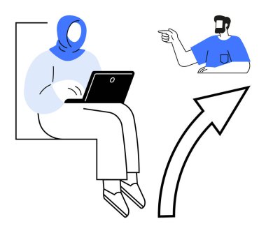 Dizüstü bilgisayarda oturan, yukarı bakan büyük bir okla çevrimiçi etkileşime giren biri. Takım çalışması, uzaktan çalışma, iletişim, teknoloji, rehberlik ve çeşitlilik için ideal