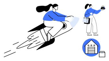 Hızlı roket süren bir kadın, elinde eşyalar, ev teslimatı, alışveriş torbaları, elinde paket kutusu, depo ikonu. Hız, teslimat, hızlı nakliye e-ticareti için ideal.