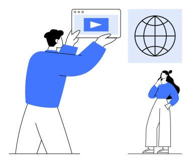 İki karakter video medyası adamıyla iletişim kurar. Oynat düğmeli bir ekran tutarlar. Kadın ise dünya simgesini düşünür. Eğitim, medya, teknoloji, küresel iletişim, uzak çalışma, dijital öğrenme için ideal