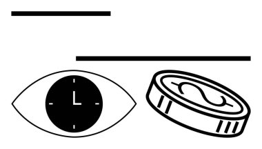 Üzerinde dolar işareti ve kalın yatay çizgiler olan bozuk paranın yanında saat yüzü olan bir göz. Zaman yönetimi için ideal, finansal planlama, iş hayatı dengesi, değer, öncelikler, üretkenlik, soyut çizgi