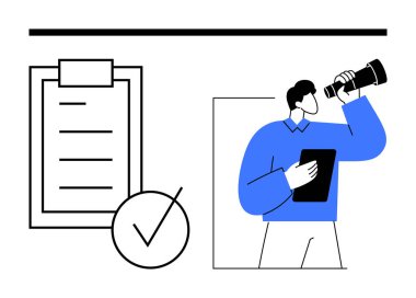 Teleskop ve tableti kontrol listesi ve işaretli panonun yanında tutan adam. Planlama, organizasyon, hedef belirleme, strateji, liderlik, üretkenlik, soyut çizgi düz metafor için ideal