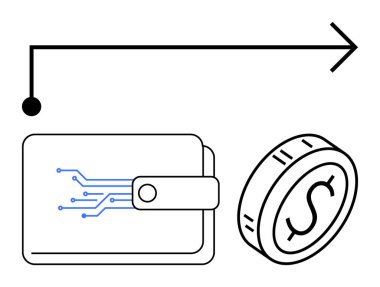 Şekil verilmiş para ve okun yanında devre desenli dijital cüzdan. Fintech, engelleme zinciri, kripto para birimi, işlemler, e-ticaret, dijital tasarruflar, soyut düz metafor için ideal