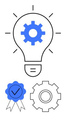 İçinde ekipman bulunan ampul yeniliği simgeler, mavi sertifika rozeti ve kalite, verimlilik ve süreç gelişmesini temsil eden vites simgesi ile. Kavramların yaratıcılığı desteklemesi için idealdir