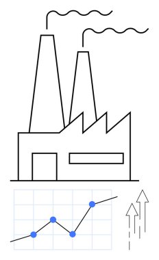 Fabrika binası bacaları, büyüme tablosu ve yukarı bakan okları var. Endüstri, ekonomi, büyüme, iş ve analitik üretim için idealdir. Soyut çizgi düz metafor