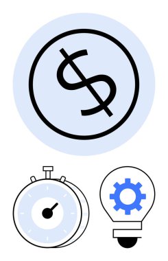 Çember halinde dolar işareti, kronometre ve dişli ampul finansal planlamayı, zaman yönetimini ve yeniliği ön plana çıkarıyor. İş için ideal, üretkenlik, finans, yaratıcılık teknolojisi stratejisi